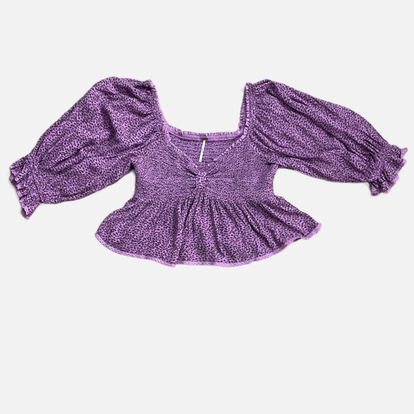 Free People Brittnee Print Smocked Peplum Top Purple Small Floral Smocked - Picture 5 of 11
